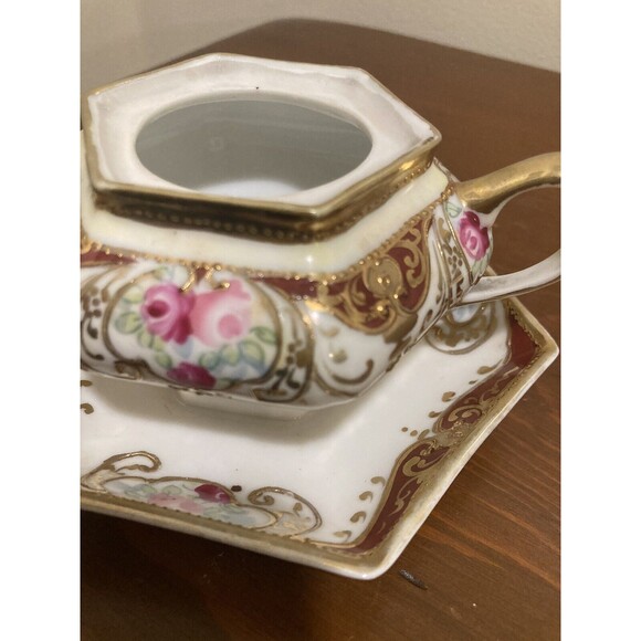 Antique Nippon c1911 Floral Sugar Bowl W/ Lid & Spoon Attached Plate Gold Accent - Picture 12 of 14
